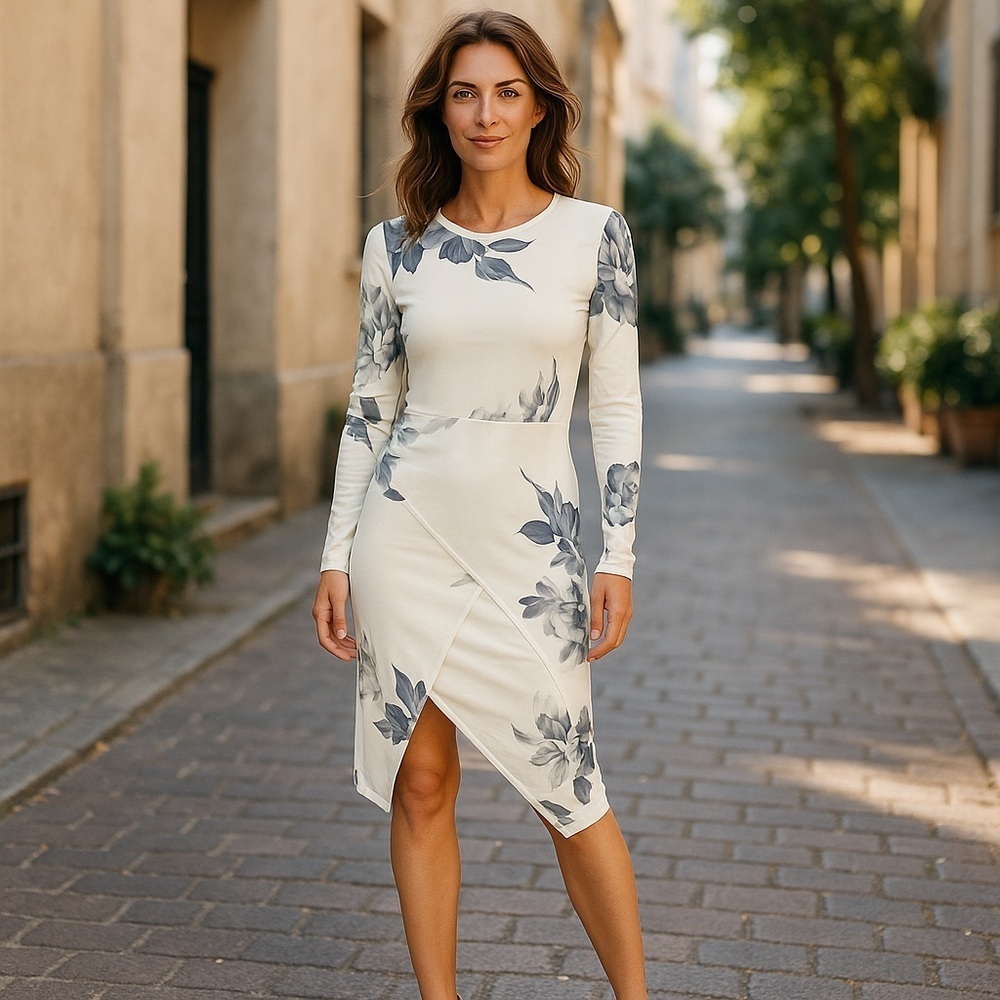 White Long Sleeve Floral Split Sexy Dress
New